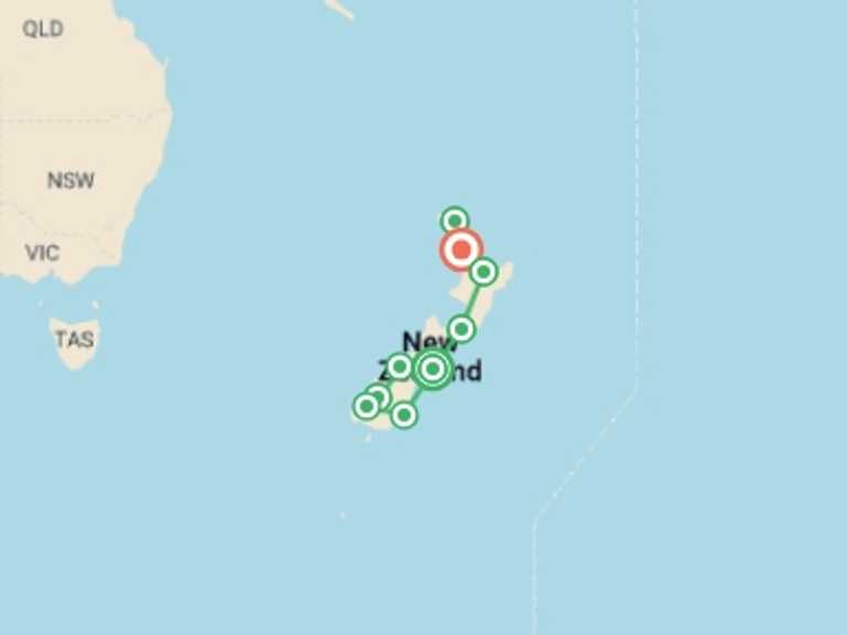 Map of Oceania Tour with 9 destination visits for the trip: New Zealand Grand Discovery (Superior) - 16 days