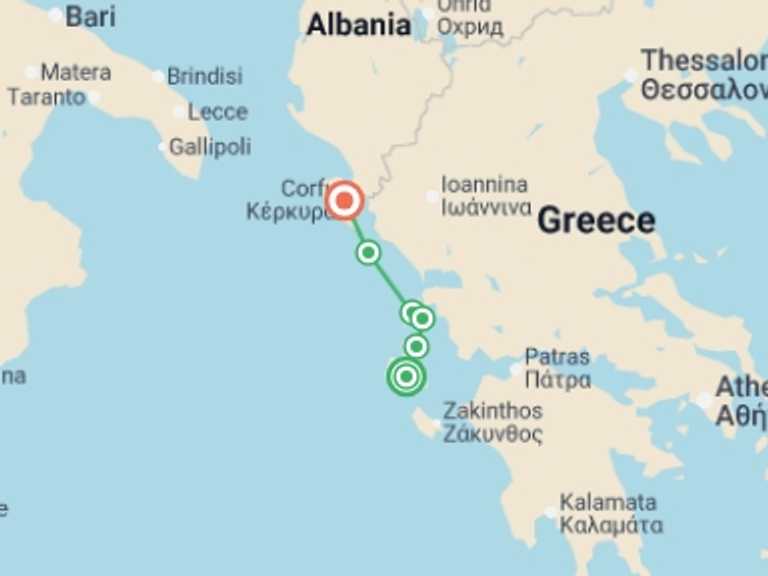 Map itinerary of Greece Tour in May 2026 with 6 destination visits for the trip: Greece Sailing Adventure: Kefalonia to Corfu