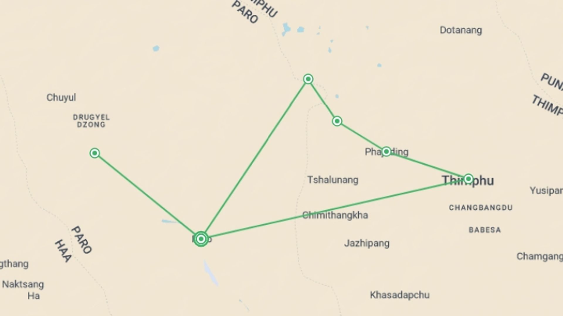 A map showing the tour itinerary for the trip: Bhutan Dragon Kingdom, starting in Paro, Bhutan and ending in Paro, Bhutan going through 5 other destinations.