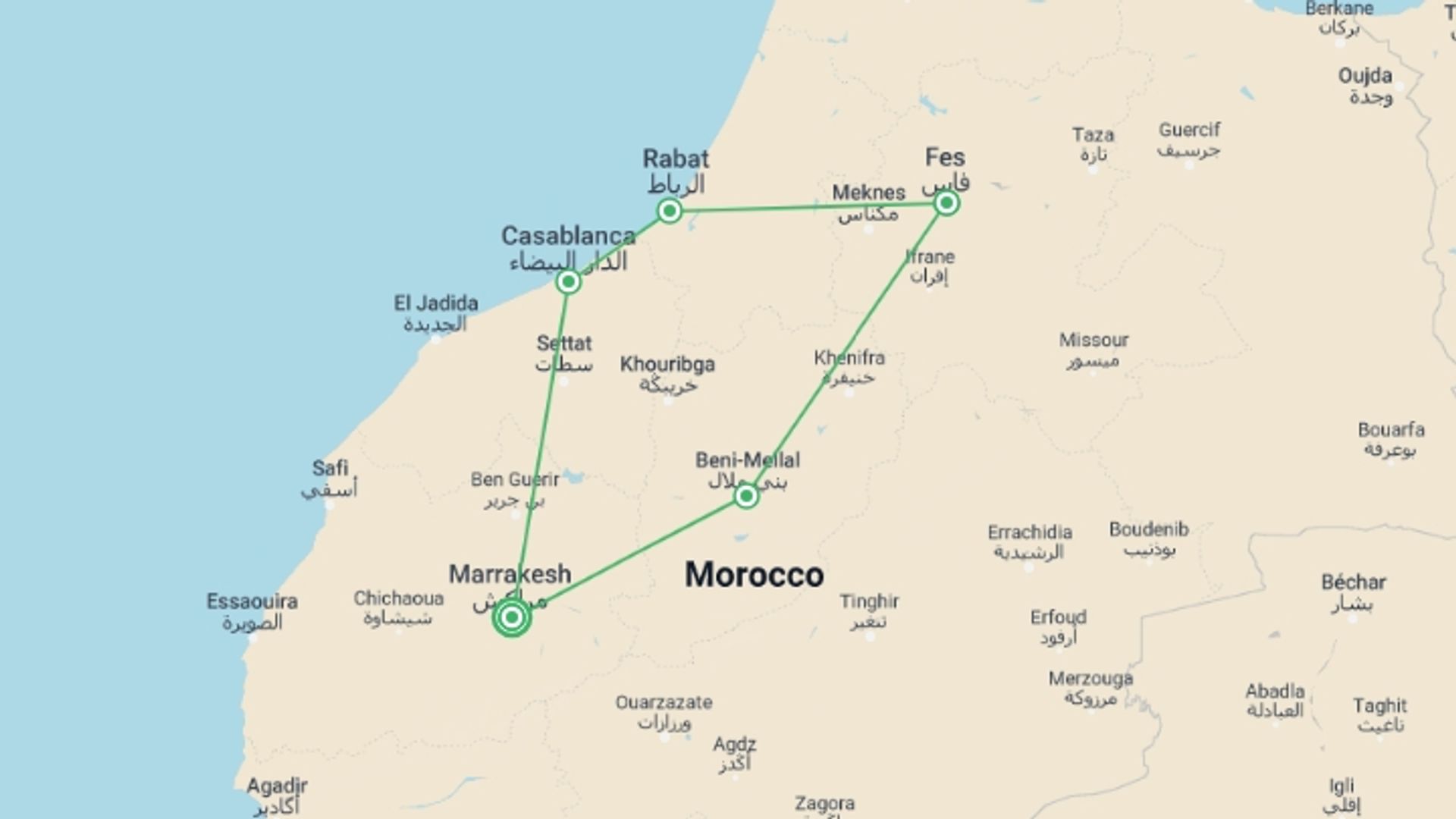 A map showing the tour itinerary for the trip: The Moroccan Cuisine And Flavours, Self-drive, starting in Marrakech, Morocco and ending in Marrakech, Morocco going through 3 other destinations.