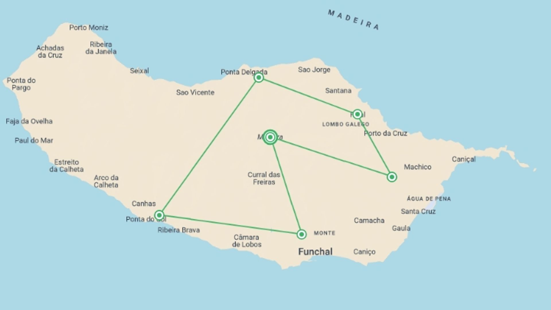 A map showing the tour itinerary for the trip: Discover Madeira, Self-drive, starting in Madeira, Portugal and ending in Madeira, Portugal going through 4 other destinations.