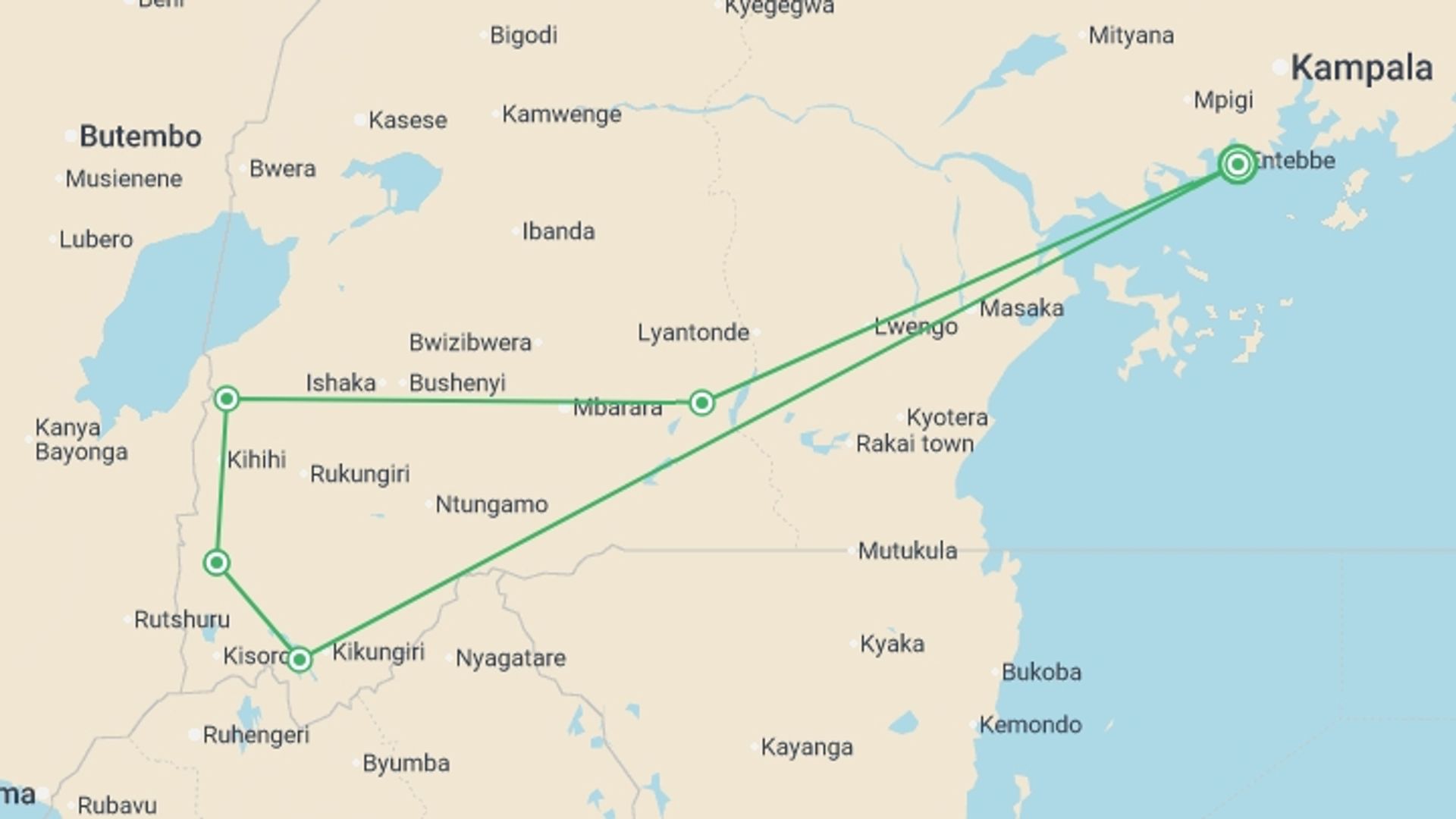 A map showing the tour itinerary for the trip: 6-Day Gorilla Trekking and Wildlife Tour in Uganda, starting in Entebbe, Uganda and ending in Entebbe, Uganda going through 4 other destinations.