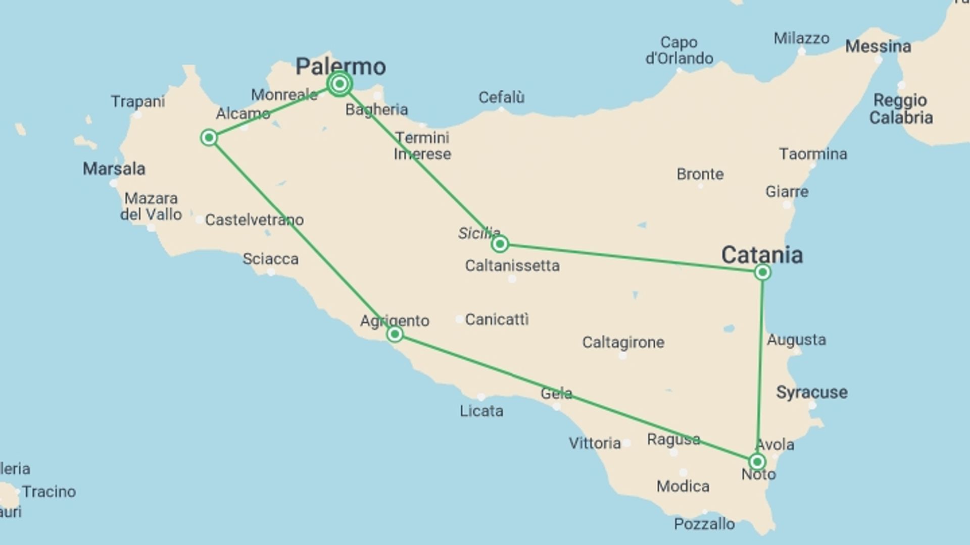 A map showing the tour itinerary for the trip: Journey of Charming Sicily - 10 Days, starting in Palermo, Italy and ending in Palermo, Italy going through 5 other destinations.