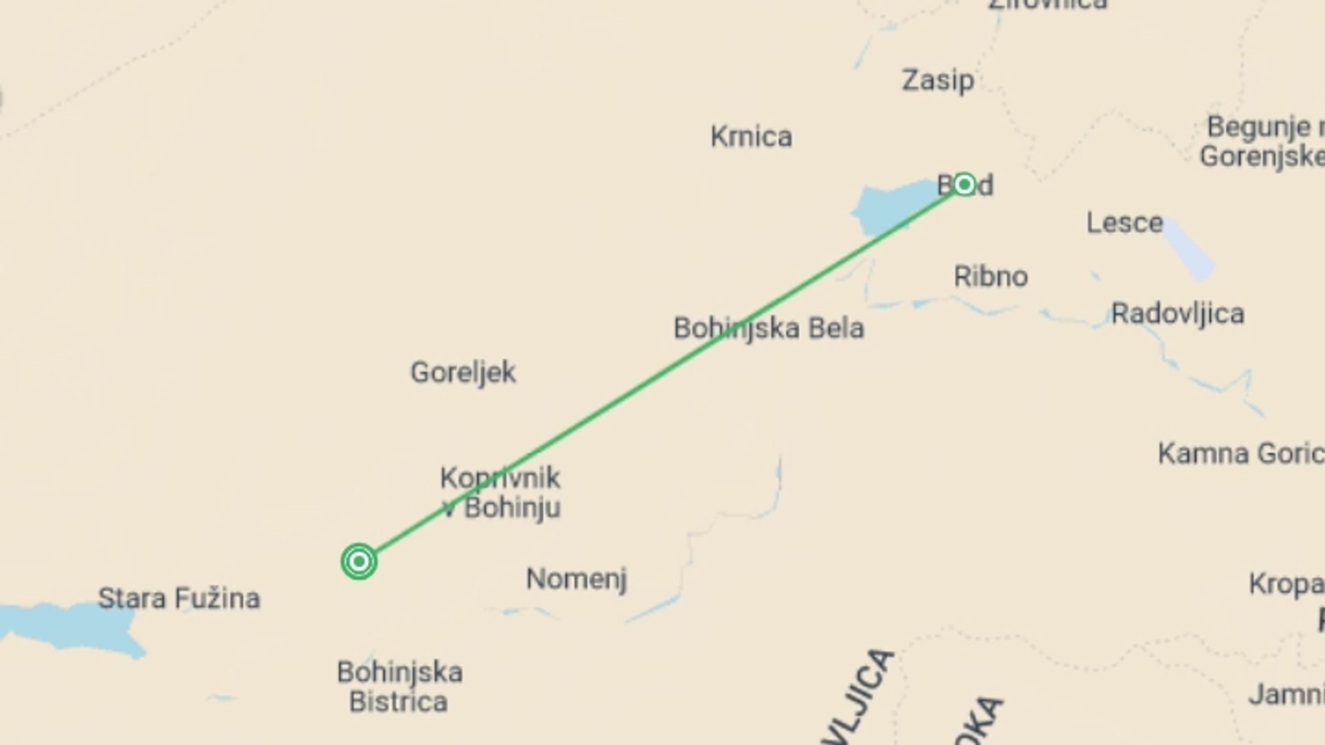A map showing the tour itinerary for the trip: Slovenia Adventure, starting in Bohinj, Slovenia and ending in Bohinj, Slovenia going through 1 other destinations.