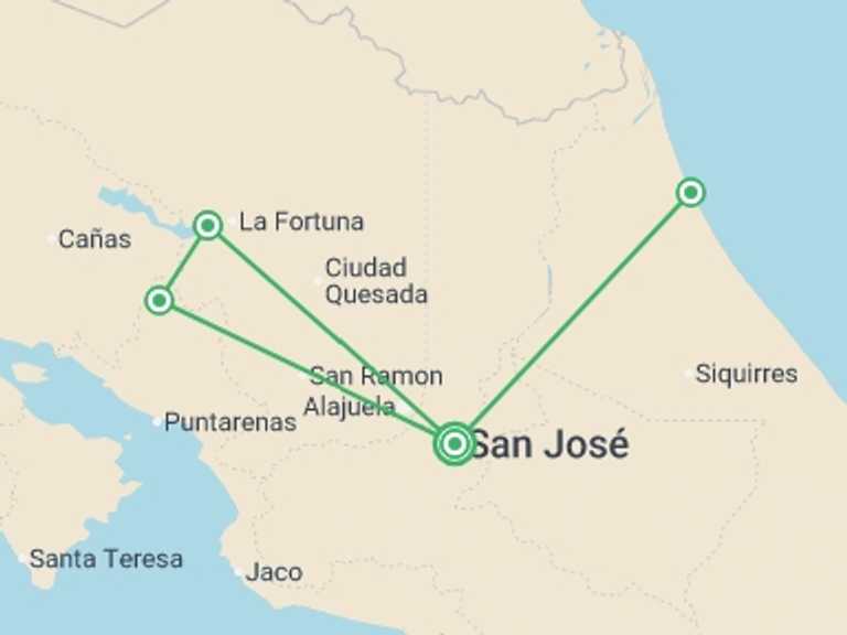 Map of Costa Rica Tour with 5 destination visits for the trip: Costa Rica Adventure