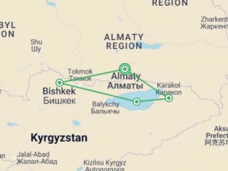 Map of Bishkek Explorer Tour with 4 destination visits for the trip: Premium Kazakhstan and Kyrgyzstan
