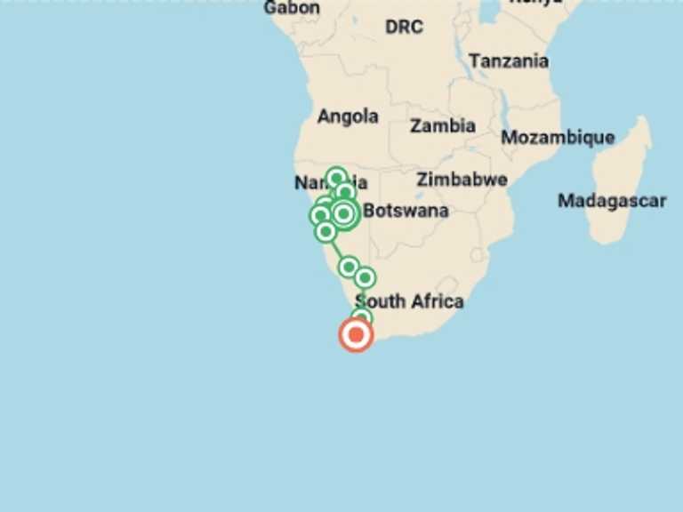 Map itinerary of Cape Town Tour in April 2027 with 10 destination visits for the trip: Namibia to Cape Town Overland Safari & Participation Camping