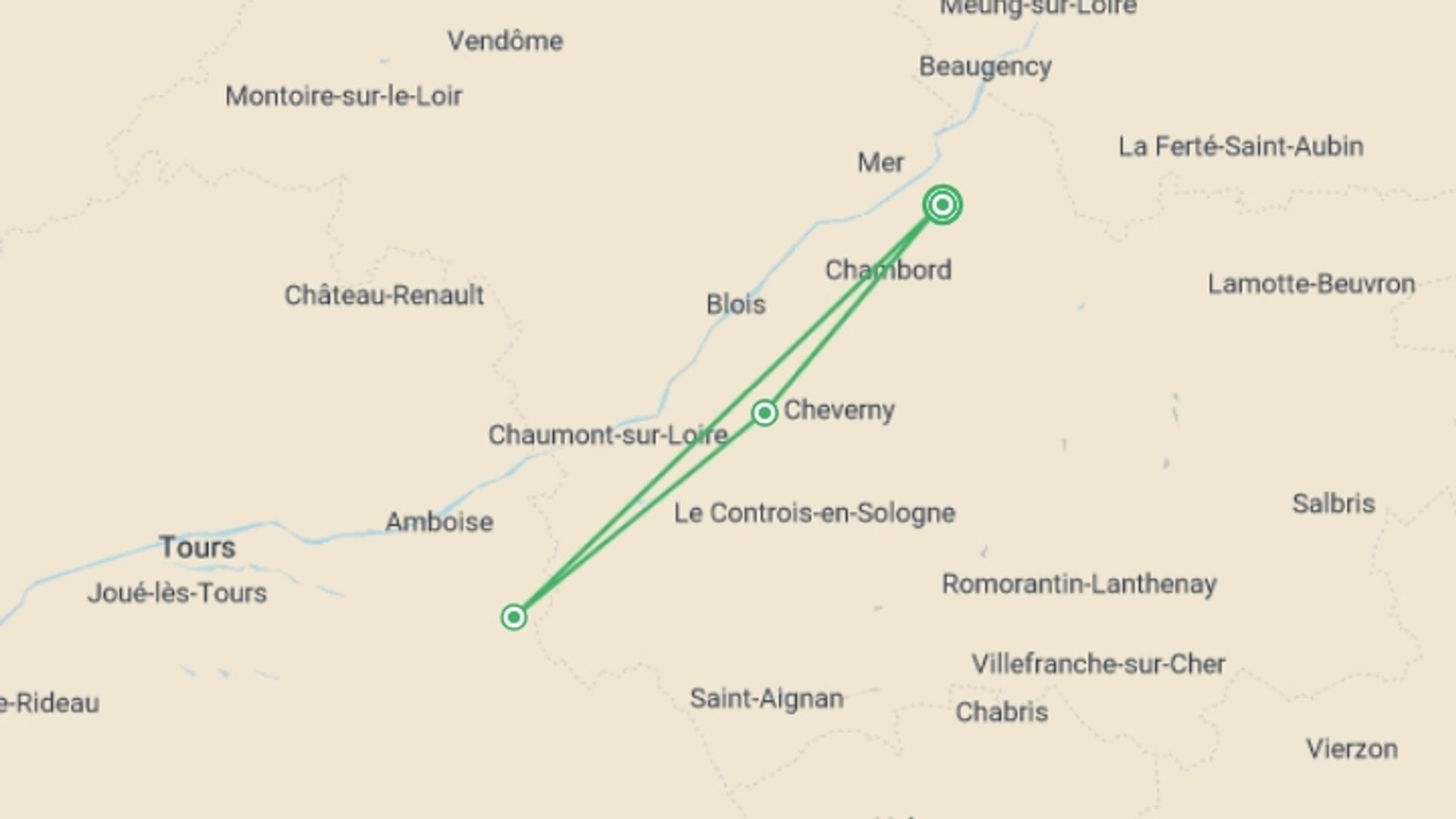 A map showing the tour itinerary for the trip: Loire Valley Cycle, starting in Val de Loire, France and ending in Val de Loire, France going through 2 other destinations.