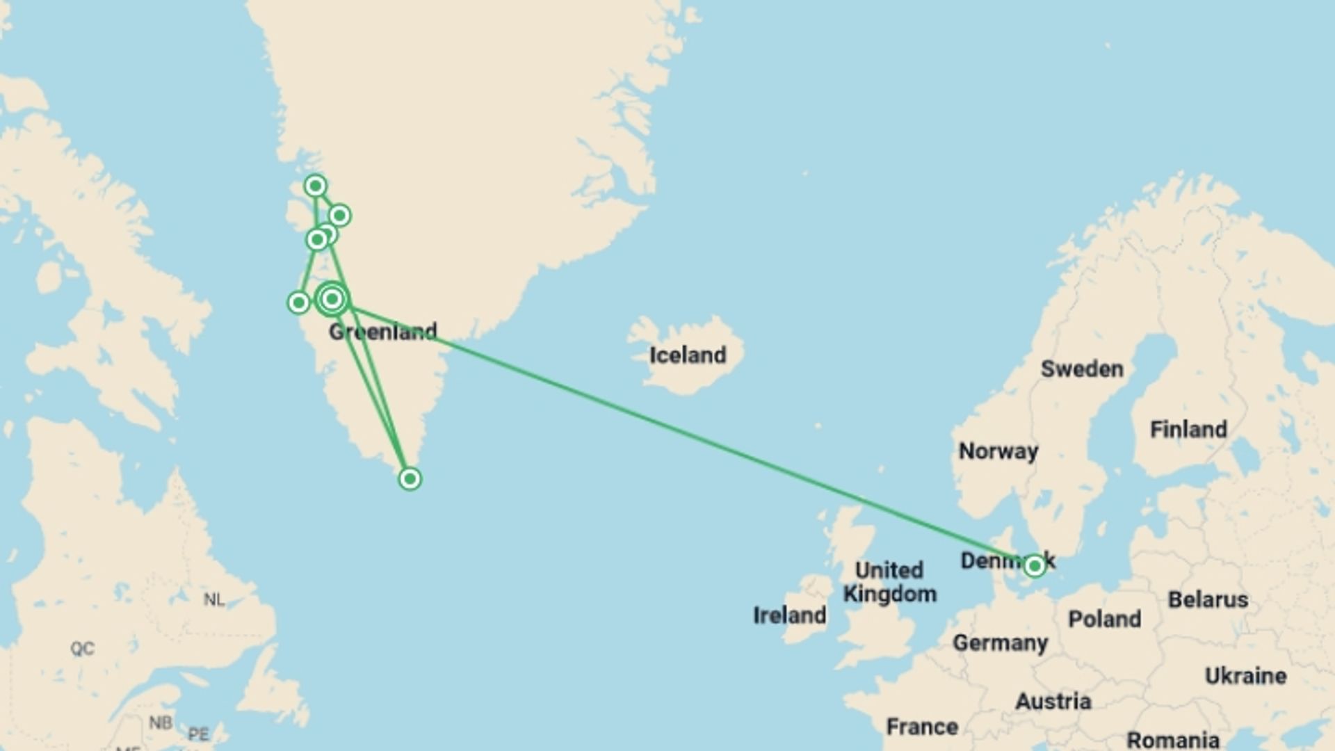 A map showing the tour itinerary for the trip: Disko Bay - M/V Ocean Albatros, starting in Kangerlussauq, Greenland and ending in Kangerlussauq, Greenland going through 8 other destinations.