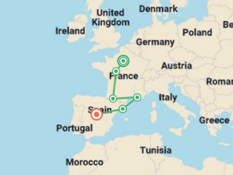 Map of Europe Tour with 6 destination visits for the trip: Paris, Lourdes, Côte d Azur, Provence and Barcelona with Madrid