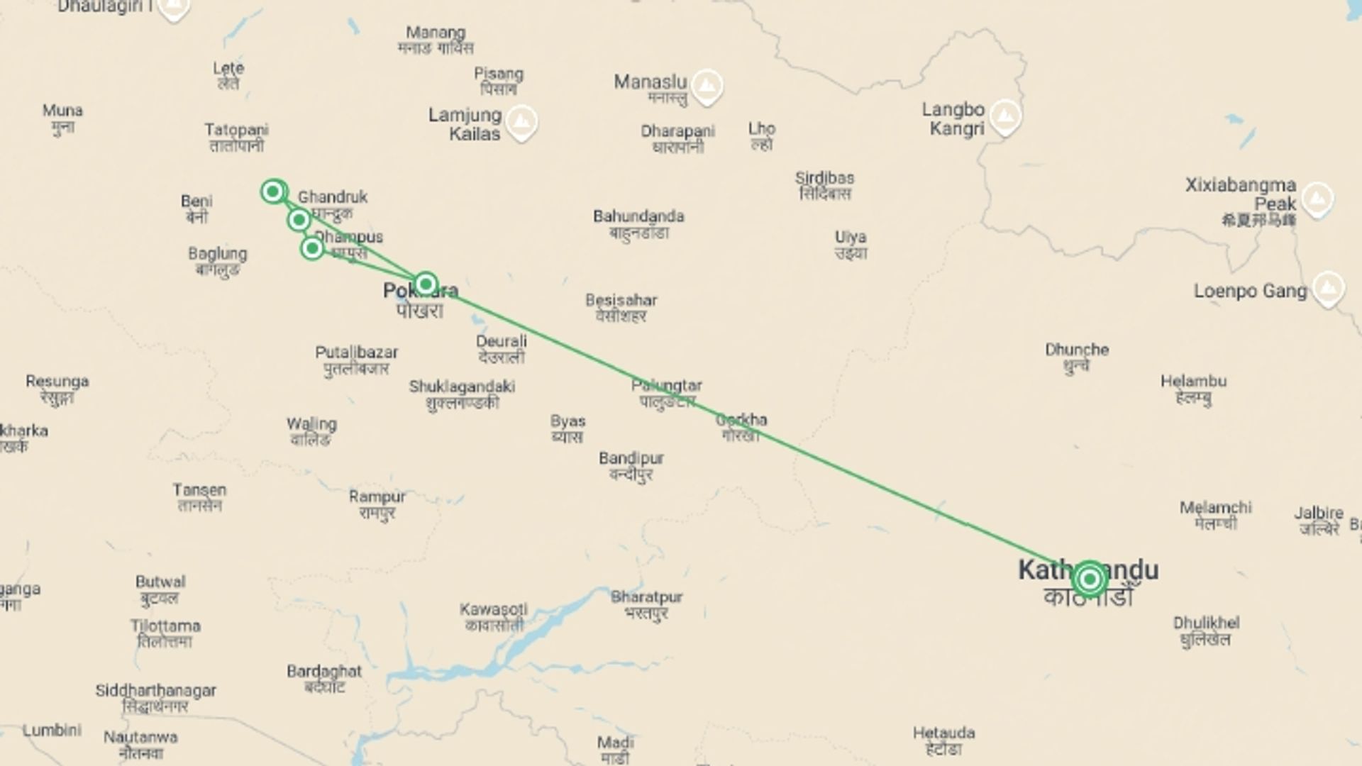 A map showing the tour itinerary for the trip: Ghorepani Poon Hill Trek: Five Days, starting in Kathmandu, Nepal and ending in Kathmandu, Nepal going through 5 other destinations.