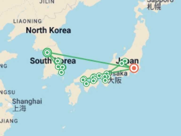 Map itinerary of Asia Tour in Summer with 11 destination visits for the trip: Korea and the Wonders of Japan