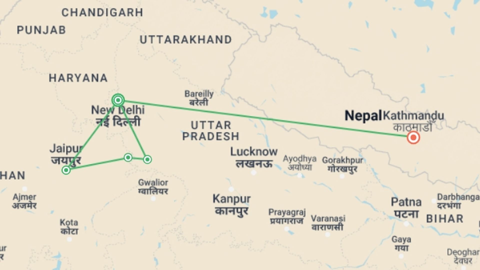 A map showing the tour itinerary for the trip: Wonders of India And Nepal, starting in New Delhi, India and ending in Kathmandu, Nepal going through 3 other destinations.