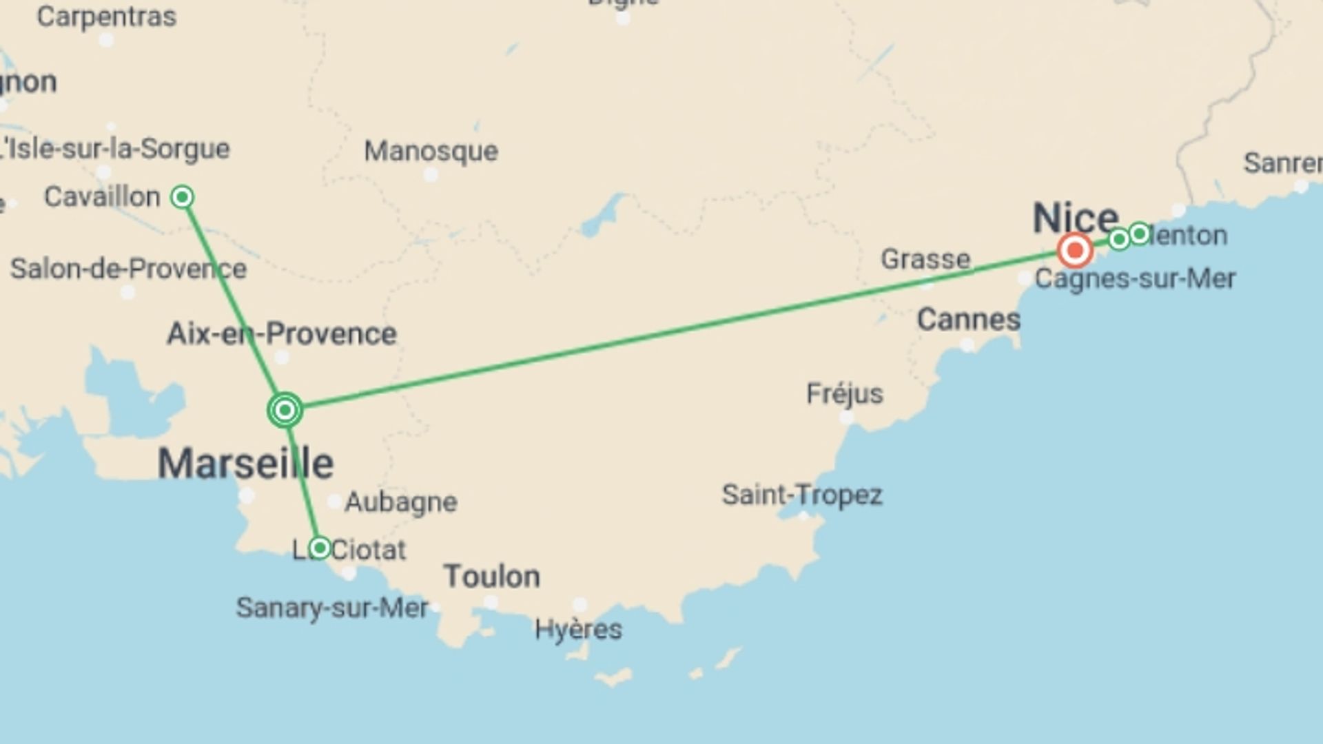 A map showing the tour itinerary for the trip: Provence & the French Riviera Discovery, starting in Aix En Provence, France and ending in Nice, France going through 1 other destinations.
