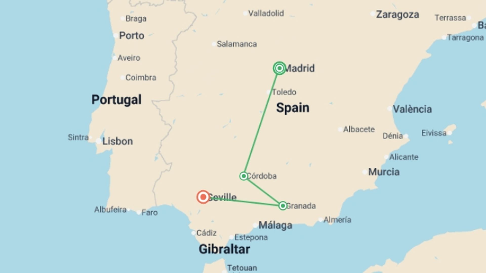A map showing the tour itinerary for the trip: Journeys: Discover Spain, starting in Madrid, Spain and ending in Seville, Spain going through 2 other destinations.