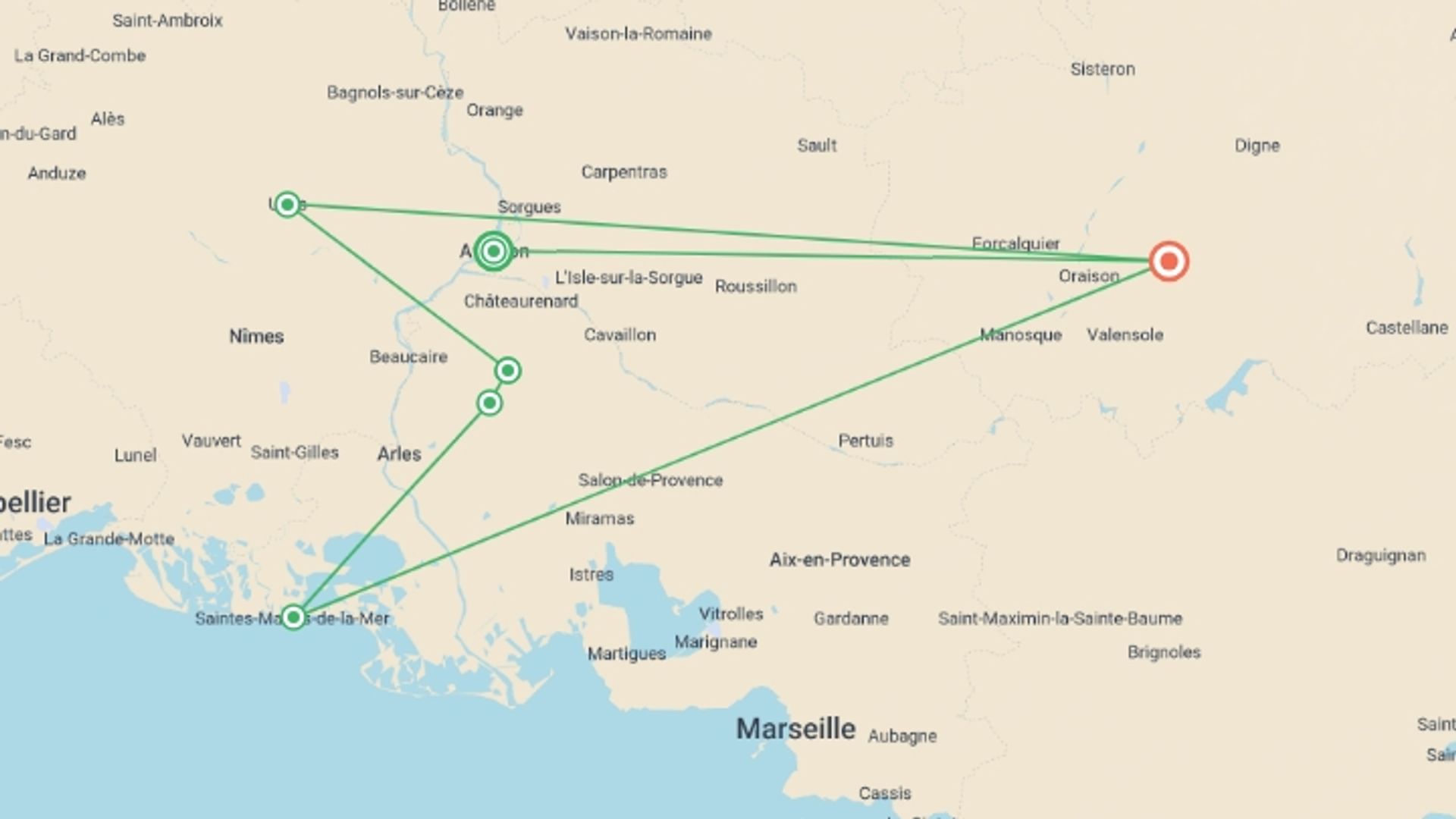 A map showing the tour itinerary for the trip: Cycle Provence, starting in Avignon, France and ending in Provence, France going through 4 other destinations.