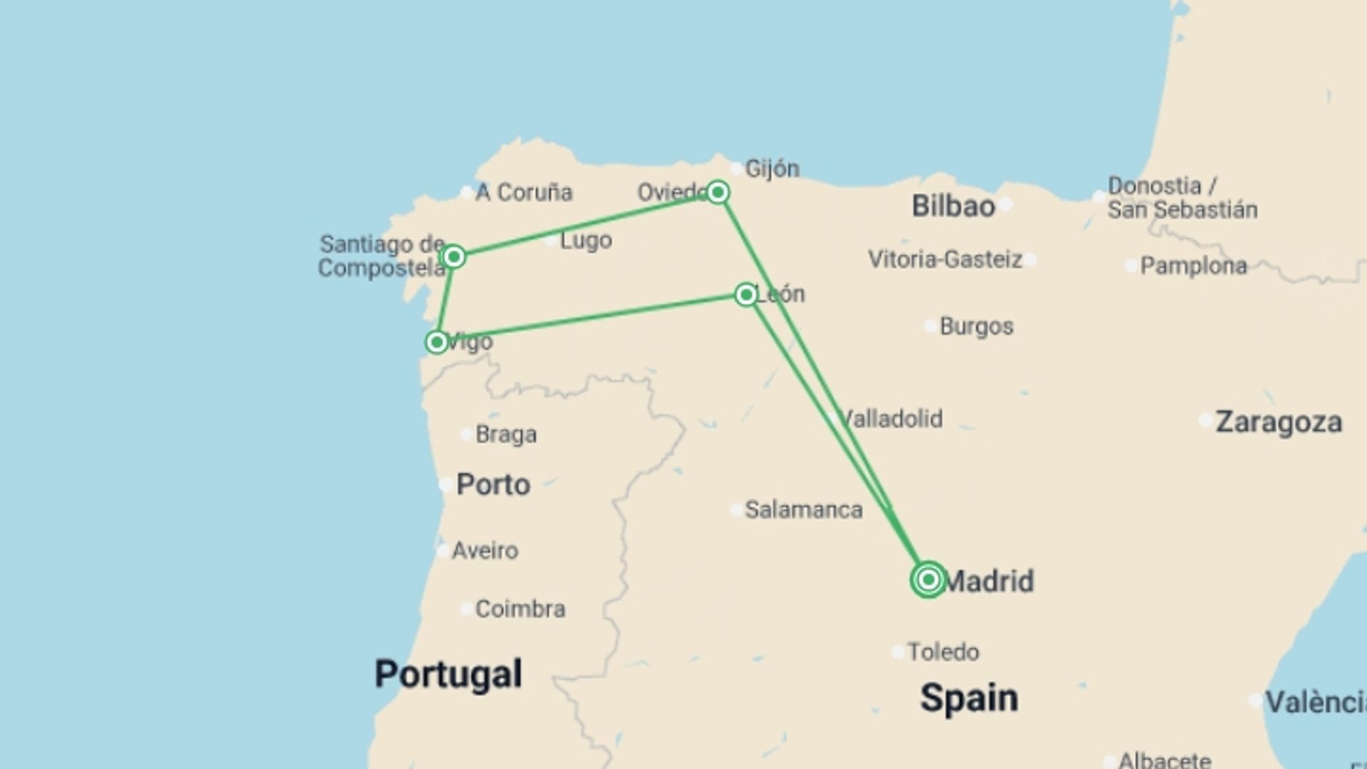 A map showing the tour itinerary for the trip: Madrid, Santiago & Leon - 6 days, starting in Madrid, Spain and ending in Madrid, Spain going through 5 other destinations.