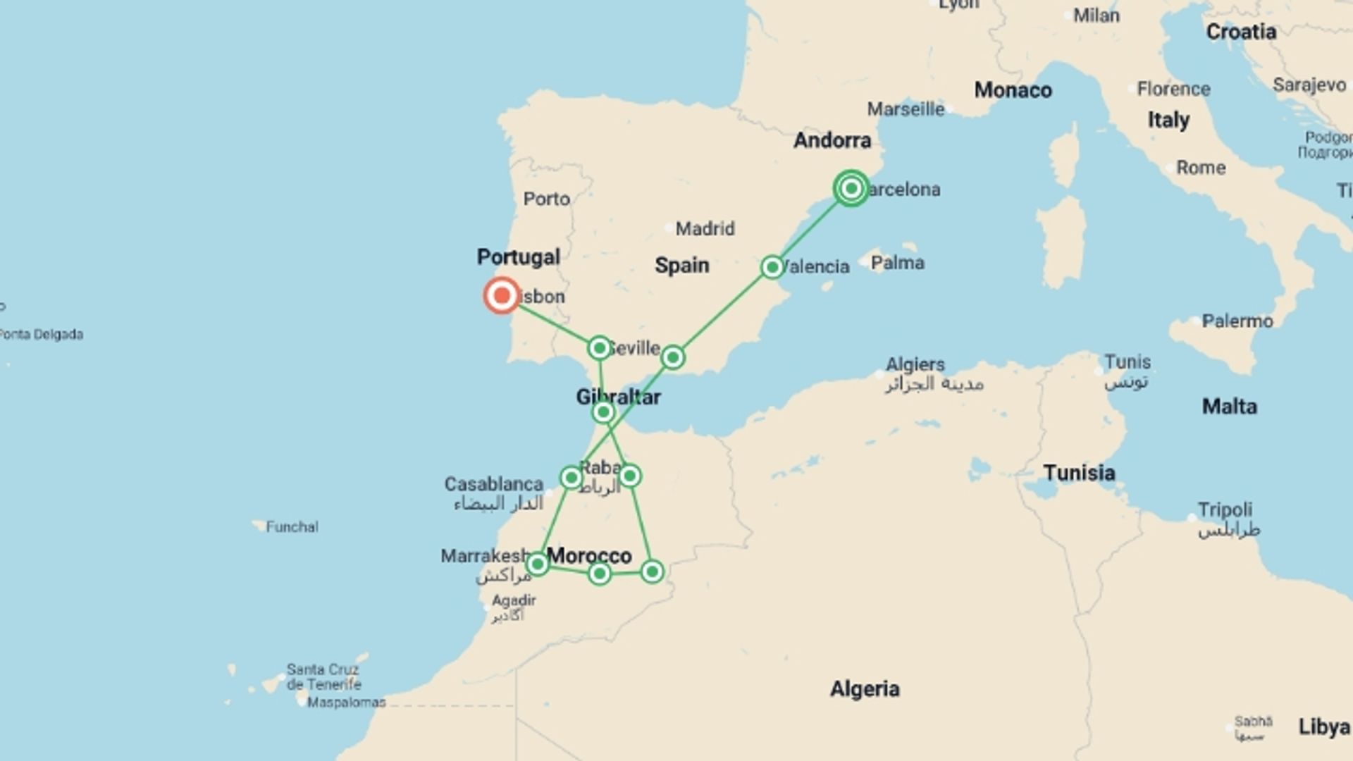 A map showing the tour itinerary for the trip: Spain, Morocco and Portugal end Lisbon, starting in Barcelona, Spain and ending in Lisbon, Portugal going through 10 other destinations.