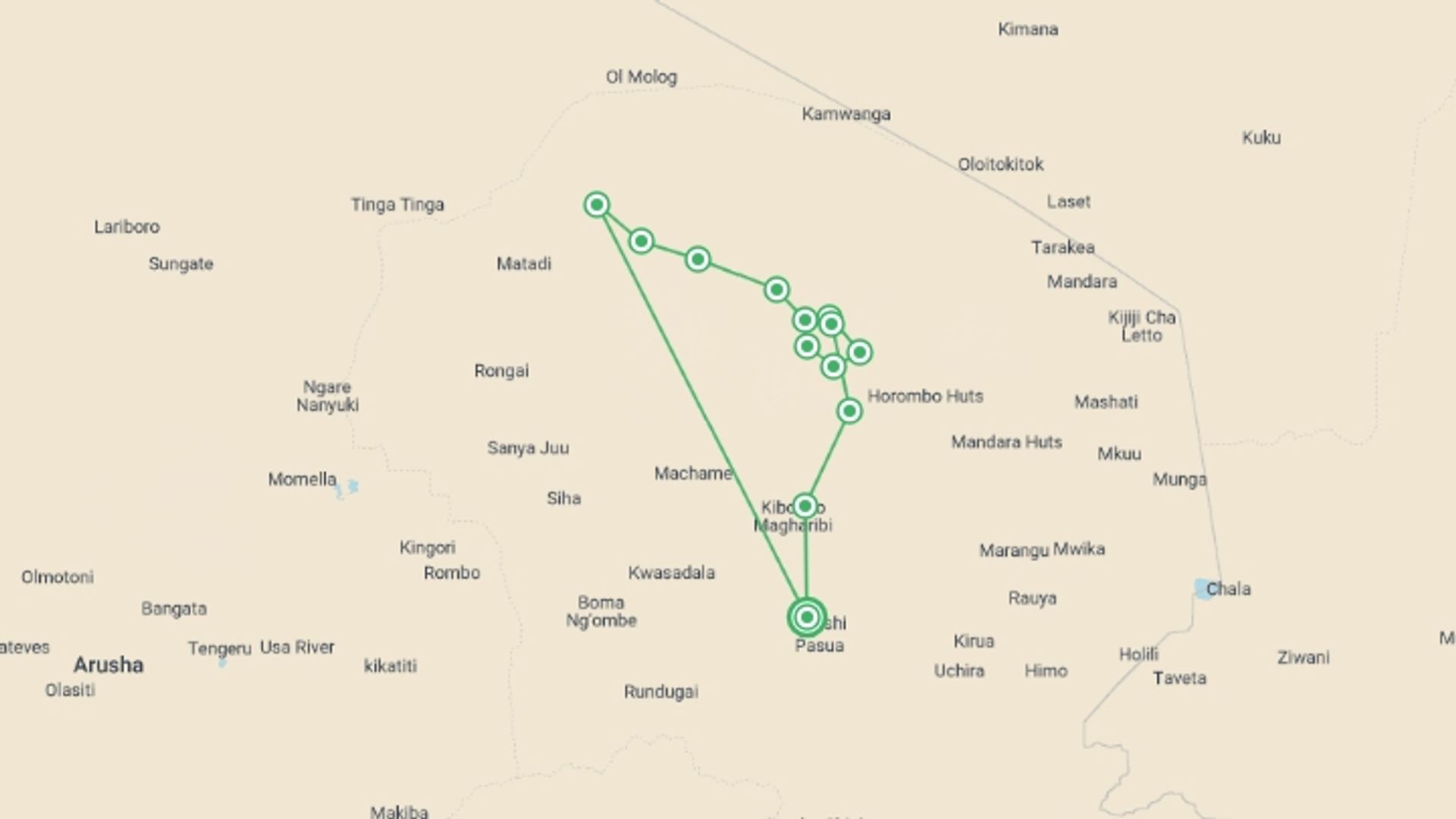 A map showing the tour itinerary for the trip: Nine-Day Kilimanjaro Climb Via Lemosho Route, starting in Moshi, Tanzania and ending in Moshi, Tanzania going through 10 other destinations.