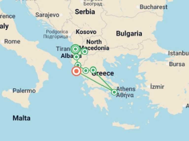 Map itinerary of Athens Tour in December 2026 with 7 destination visits for the trip: Albania, Macedonia & Athens - 7 days
