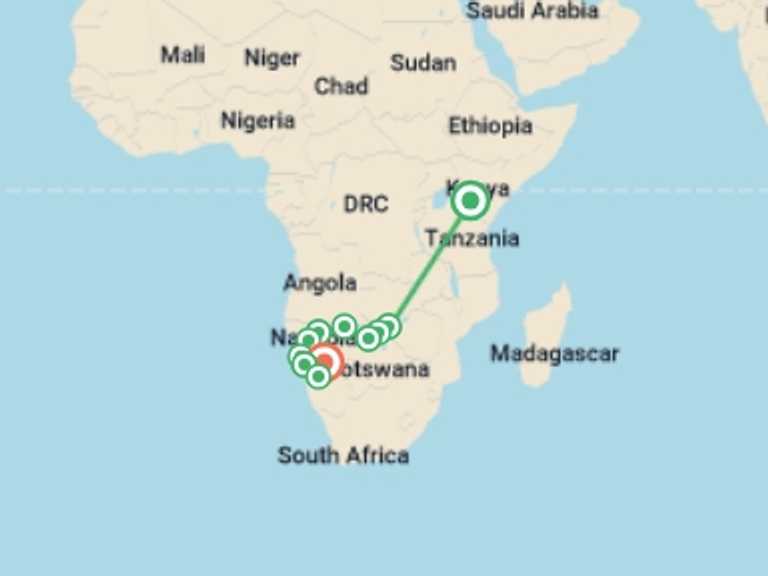 Map of 15-Day Nairobi Tour with 11 destination visits for the trip: Deserts & Delta Family Overland