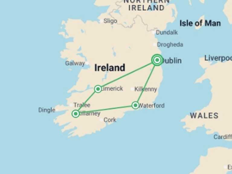 Map itinerary of Europe Tour in April 2027 with 4 destination visits for the trip: Irish Highlights