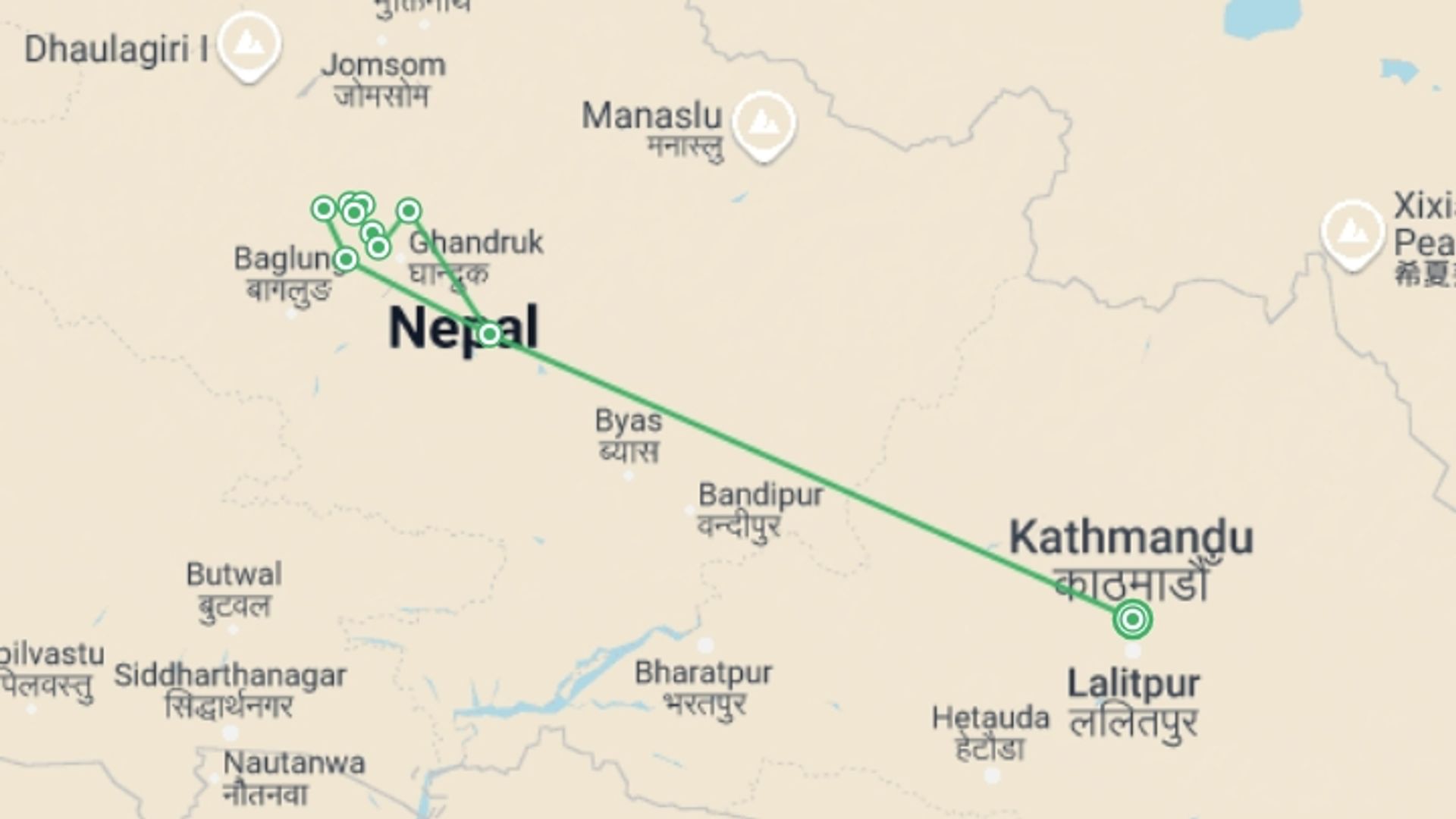 A map showing the tour itinerary for the trip: Khopra Ridge Trek: 11 Days, starting in Kathmandu, Nepal and ending in Kathmandu, Nepal going through 10 other destinations.