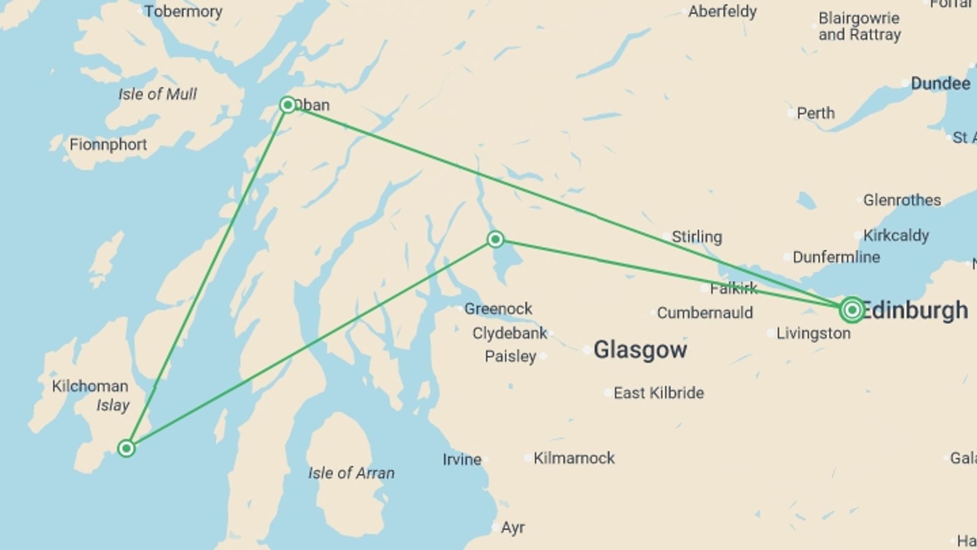 A map showing the tour itinerary for the trip: Whisky Coast & Loch Lomond - 4 days, starting in Edinburgh, Scotland and ending in Edinburgh, Scotland going through 1 other destinations.