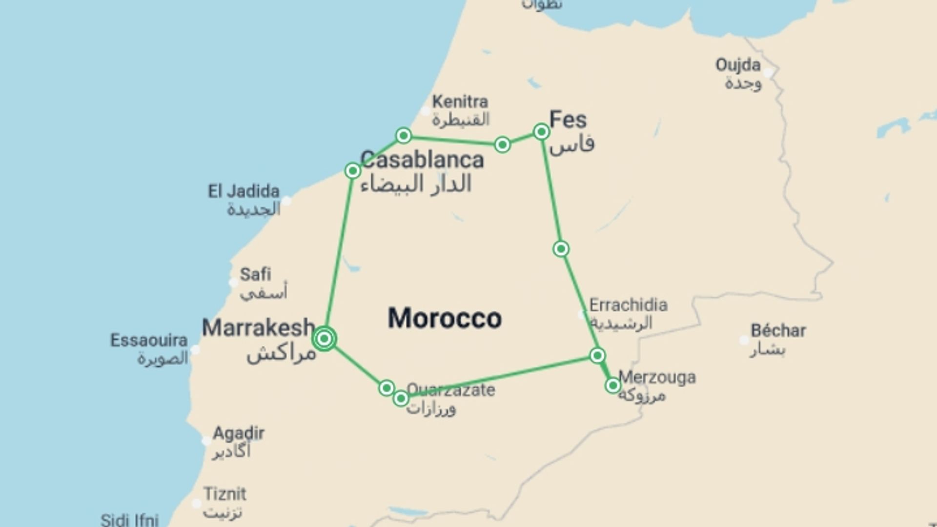A map showing the tour itinerary for the trip: Morocco Discovery, Private Tour, starting in Marrakech, Morocco and ending in Marrakech, Morocco going through 4 other destinations.