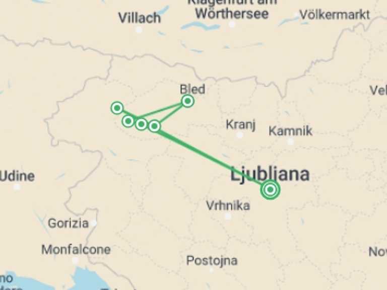 Map itinerary of Slovenia Tour in Spring with 7 destination visits for the trip: Walking in Slovenia