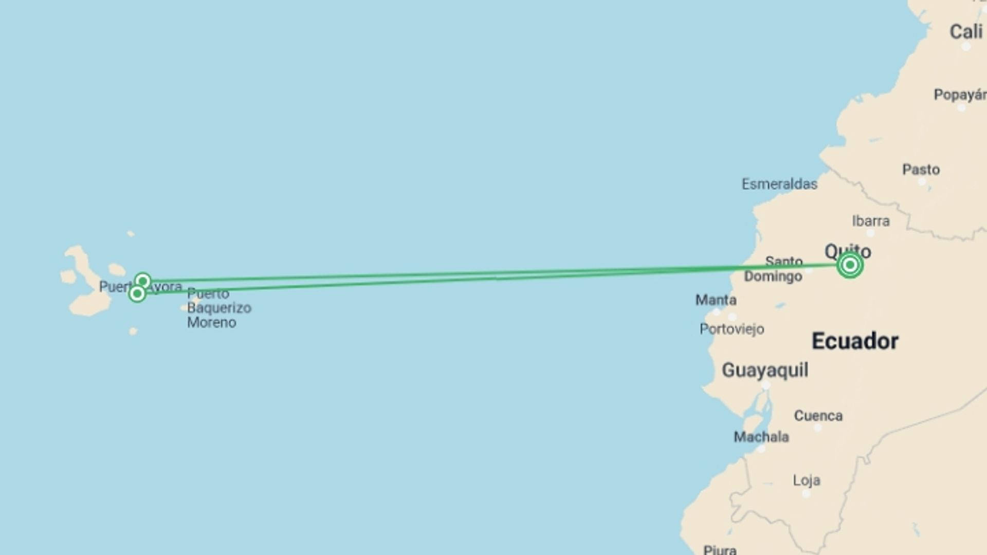 A map showing the tour itinerary for the trip: Essential Quito and Galapagos, starting in Quito, Ecuador and ending in Quito, Ecuador going through 4 other destinations.