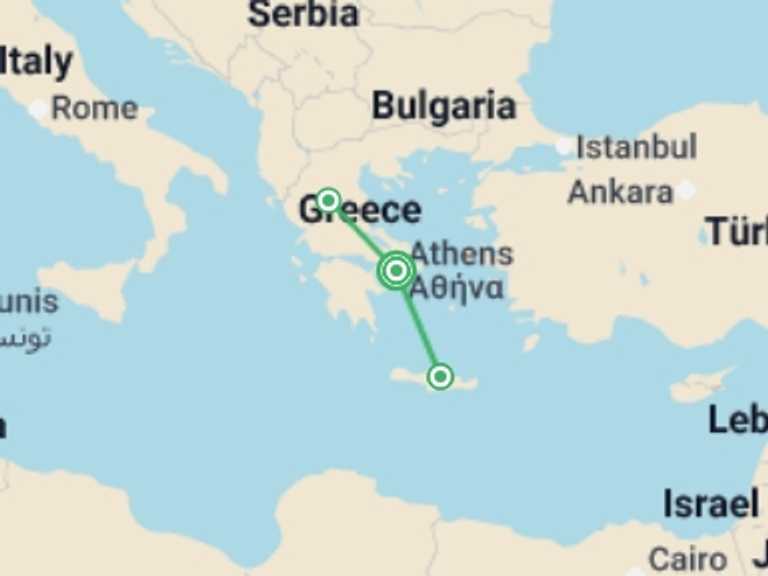 Map itinerary of Greece Tour in October 2026 with 3 destination visits for the trip: Athens, Northern Greece and Heraklion