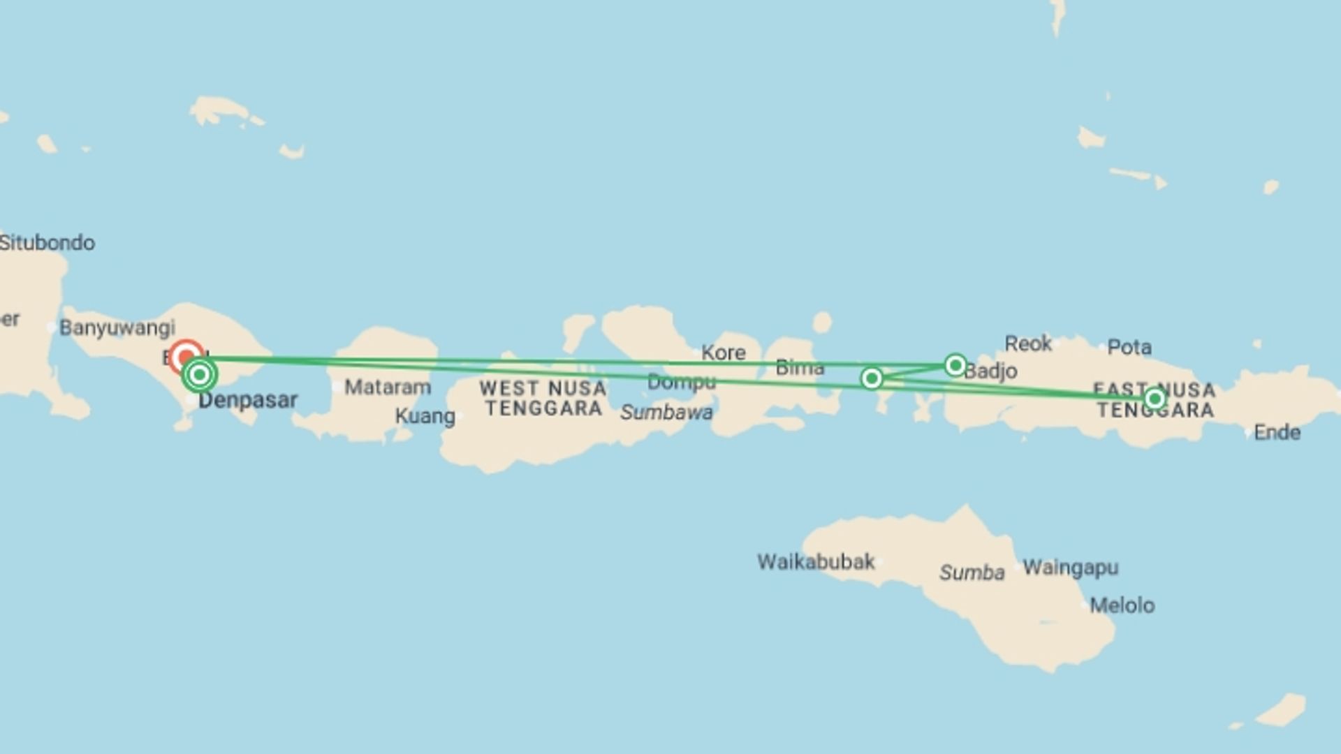 A map showing the tour itinerary for the trip: Signature Indonesia | The Sacred Wild Isles, starting in Ubud, Indonesia and ending in Bali, Indonesia going through 3 other destinations.