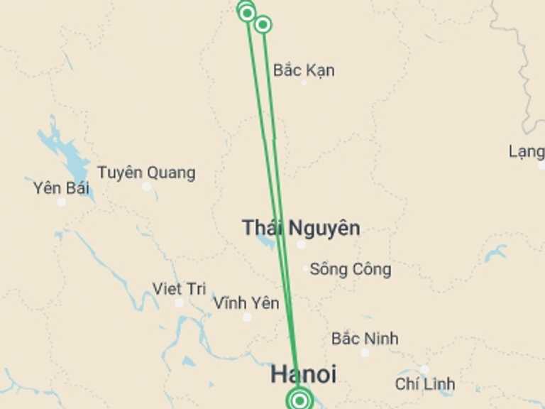 Map itinerary of Hanoi Tour in Winter with 4 destination visits for the trip: Ba Be Lake Kayaking And Trekking 4 Days 3 Nights