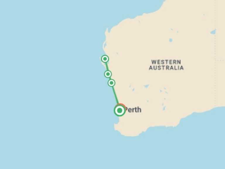 Map itinerary of Oceania Tour in May 2027 with 5 destination visits for the trip: Monkey Mia Dolphins and West Coast