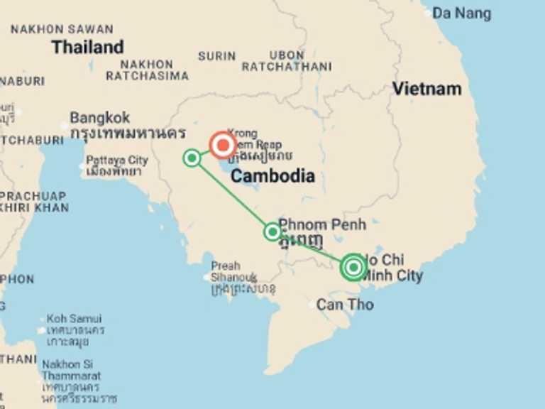 Map of Asia Tour with 5 destination visits for the trip: Highlights of Cambodia