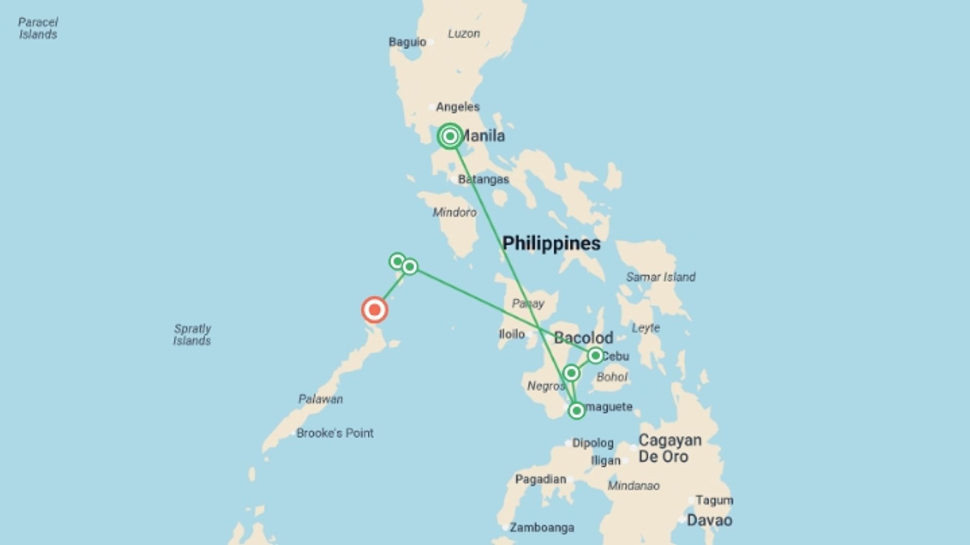A map showing the tour itinerary for the trip: Philippines Island Explorer 13 day, starting in Manila, Philippines and ending in El Nido, Philippines going through 5 other destinations.
