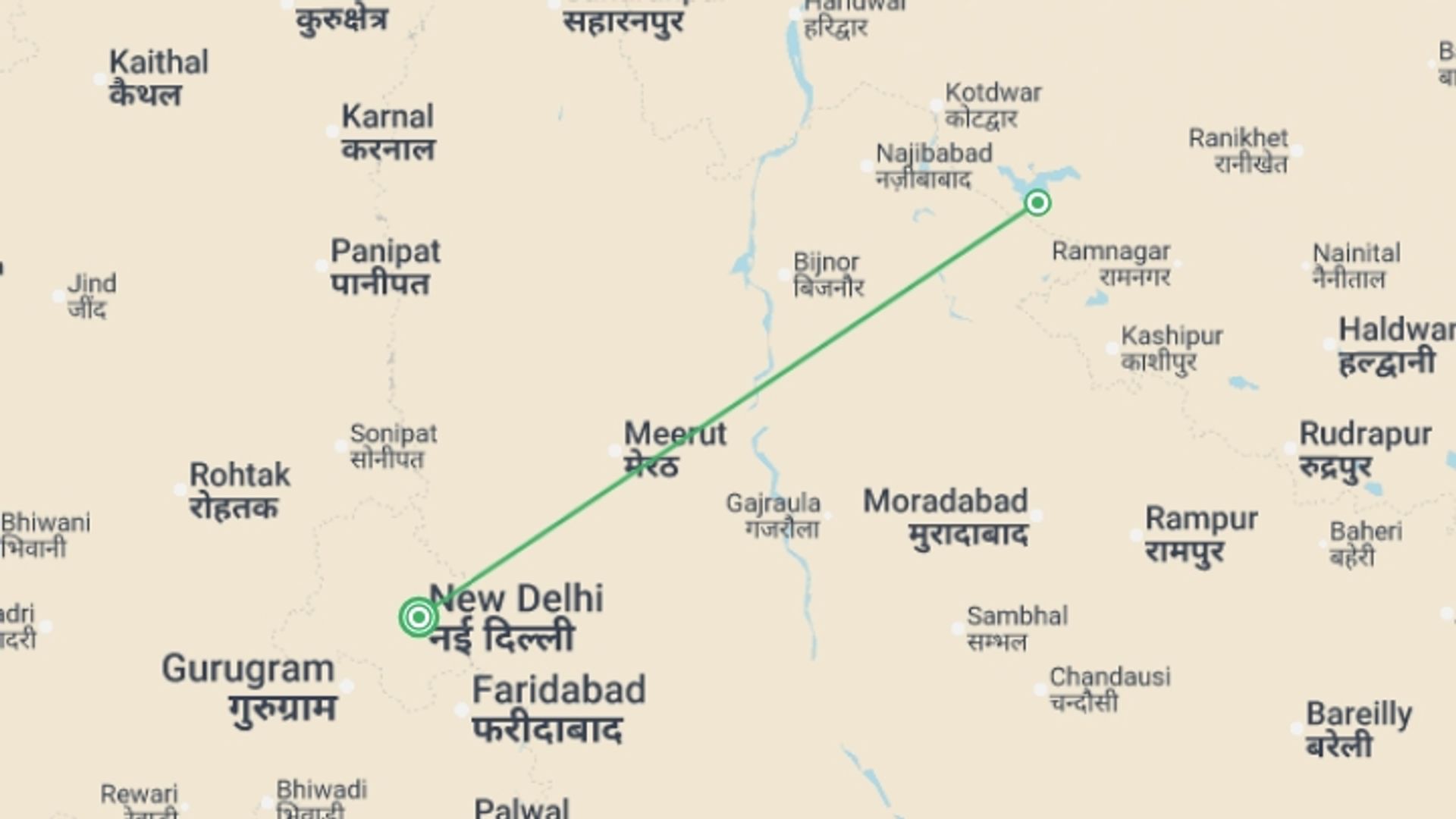 A map showing the tour itinerary for the trip: Corbett National Park - 4 days, starting in New Delhi, India and ending in New Delhi, India going through 1 other destinations.