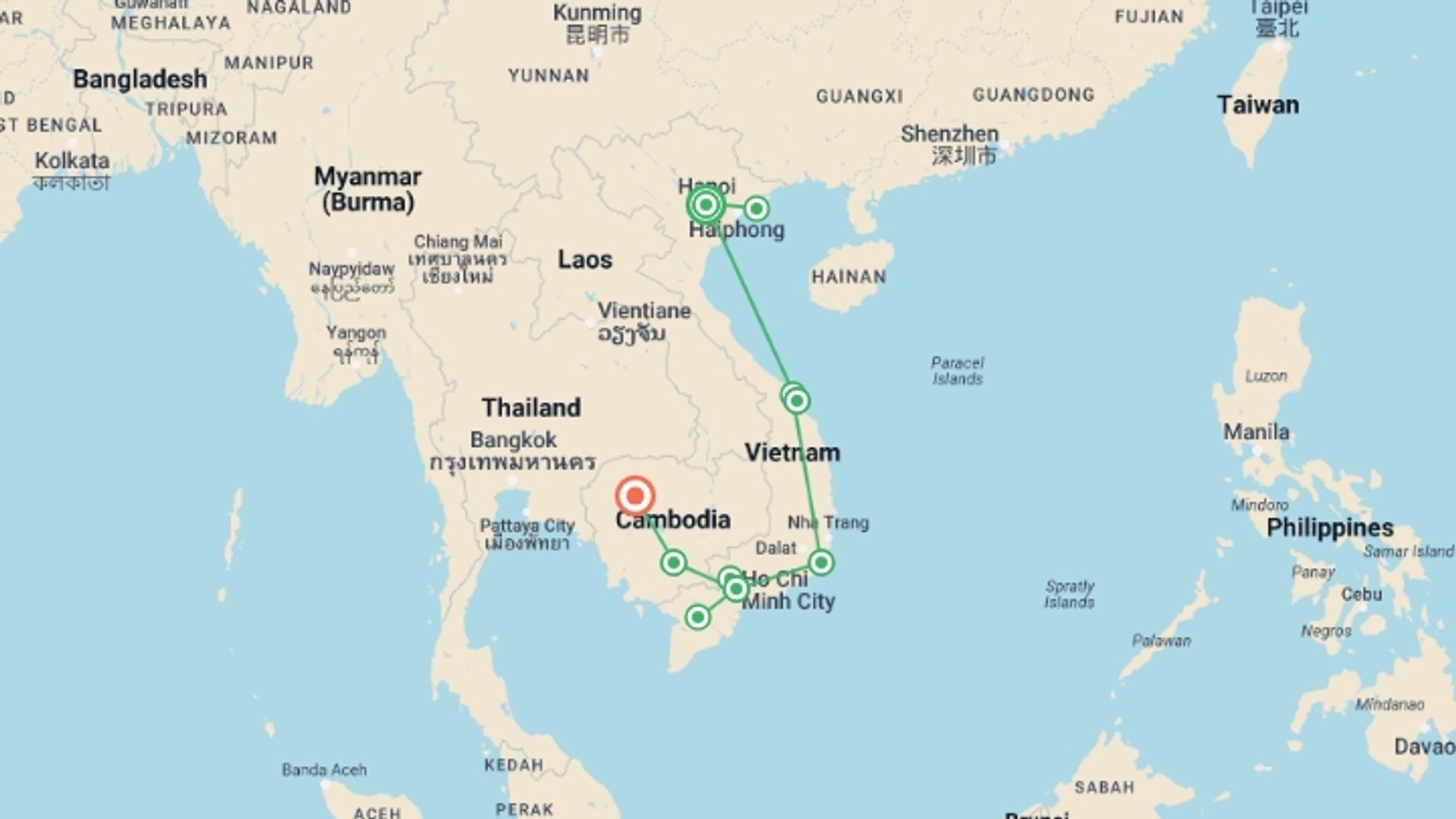 A map showing the tour itinerary for the trip: Delve Deep: Vietnam & Cambodia, starting in Hanoi, Vietnam and ending in Siem Reap, Cambodia going through 6 other destinations.