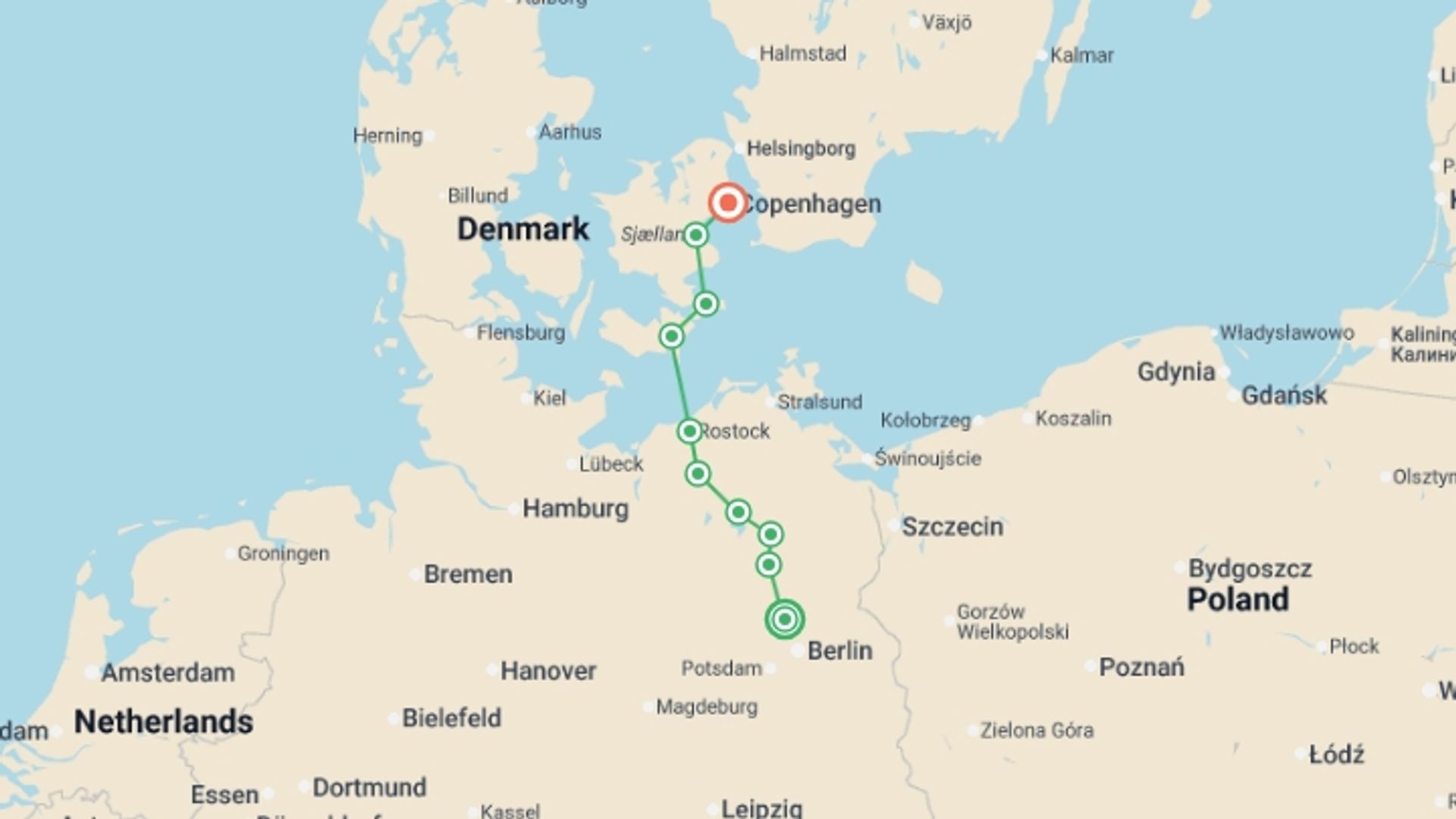 A map showing the tour itinerary for the trip: Berlin to Copenhagen by Bike, starting in Oranienburg, Germany and ending in Copenhagen, Denmark going through 8 other destinations.