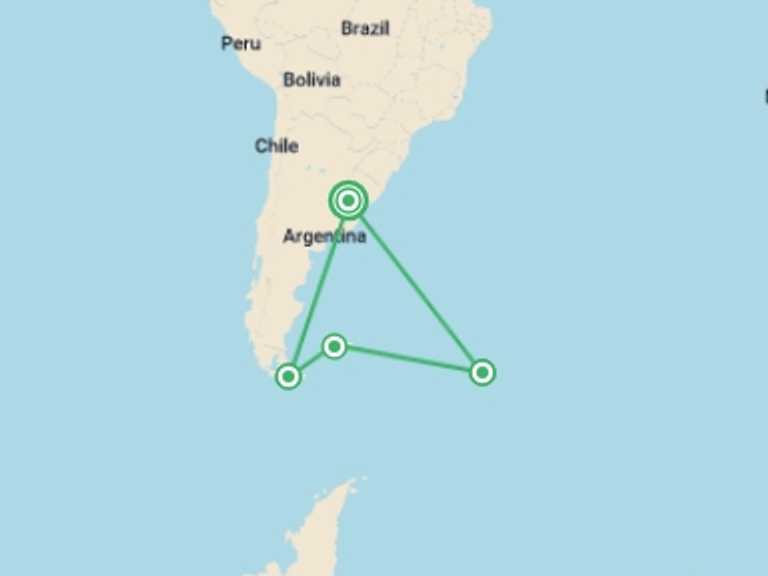 Map itinerary of South America Tour in January 2027 with 5 destination visits for the trip: Epic Antarctica: The Falklands, South Georgia and Crossing the Circle
