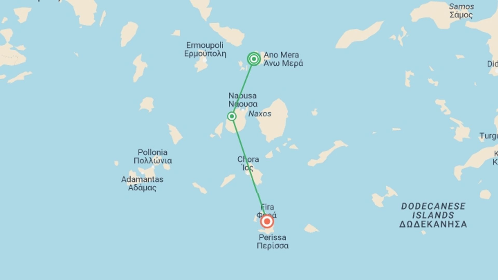 A map showing the tour itinerary for the trip: Island Hopping Greek Islands Delights: Mykonos, Paros, Santorini, starting in Mykonos, Greece and ending in Santorini, Greece going through 1 other destinations.