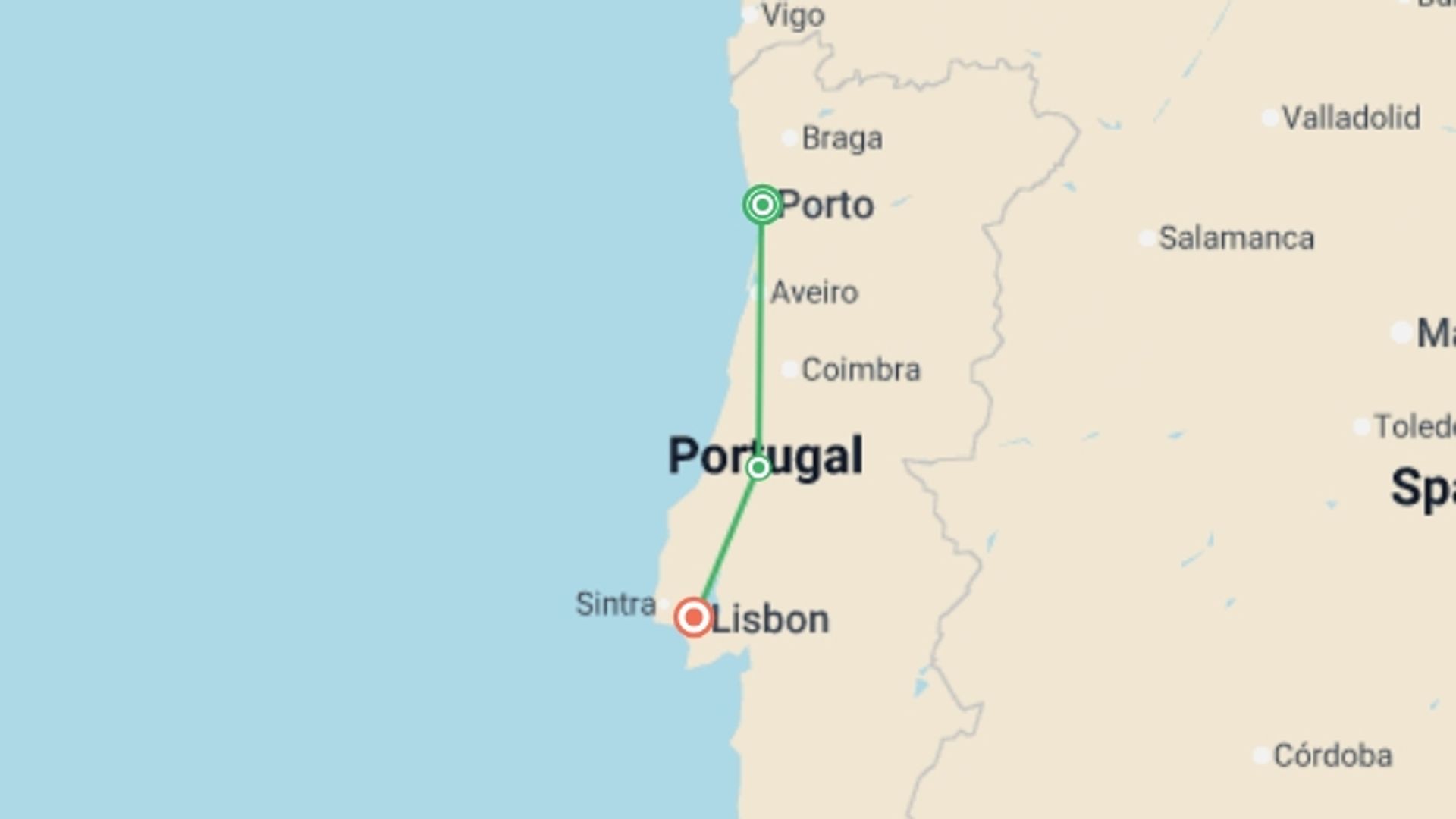A map showing the tour itinerary for the trip: Porto to Lisbon - 8 days, starting in Porto, Portugal and ending in Lisbon, Portugal going through 1 other destinations.