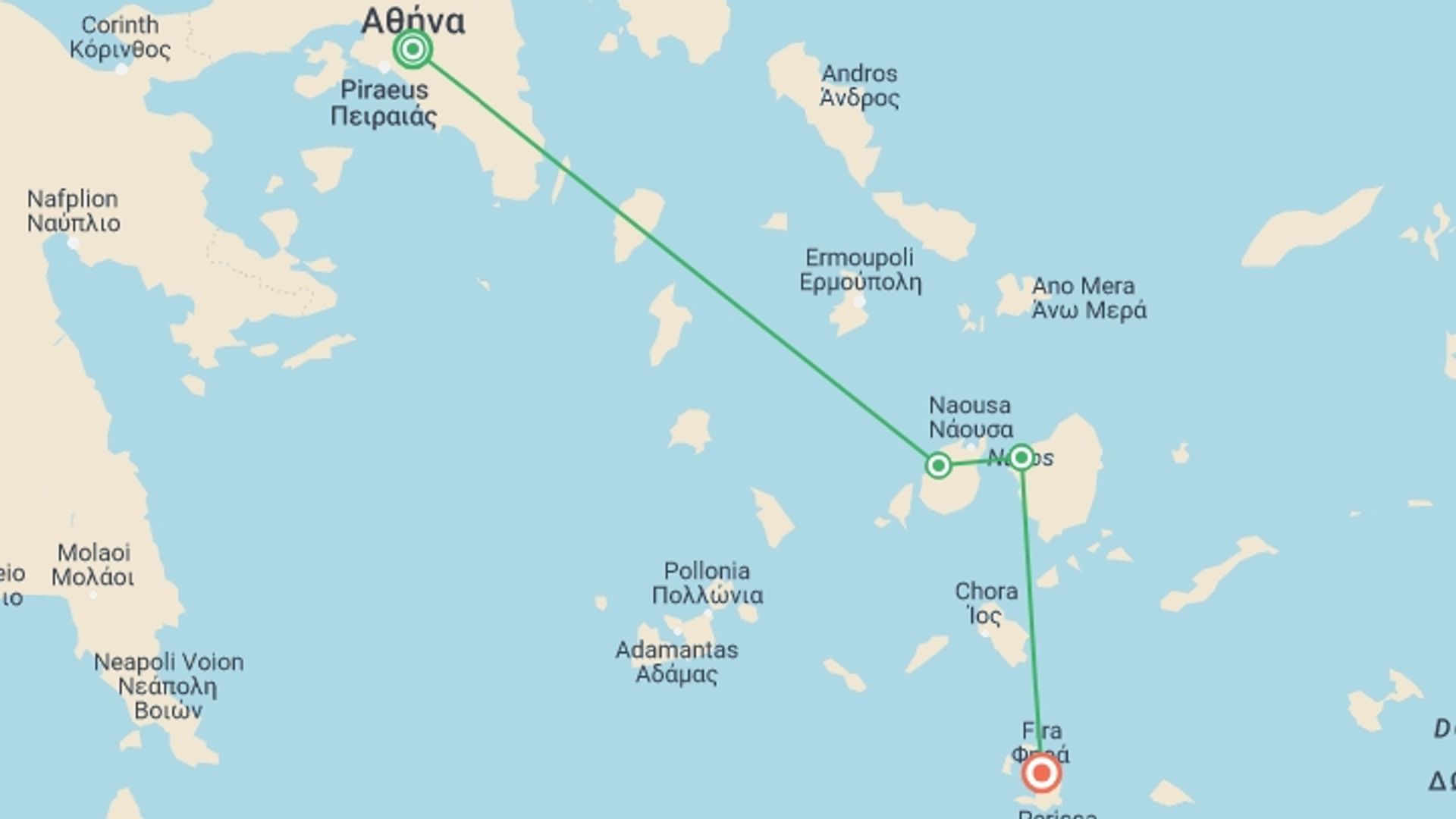 A map showing the tour itinerary for the trip: Premium Greece Cyclades Islands, starting in Athens, Greece and ending in Santorini, Greece going through 2 other destinations.
