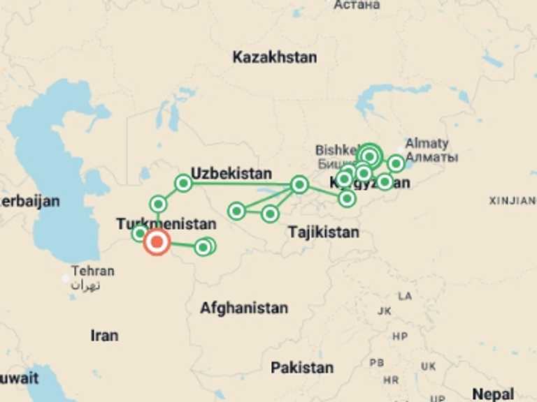 Map of a Art and architecture Tour with 15 destination visits for the trip: Bishkek to Ashgabat