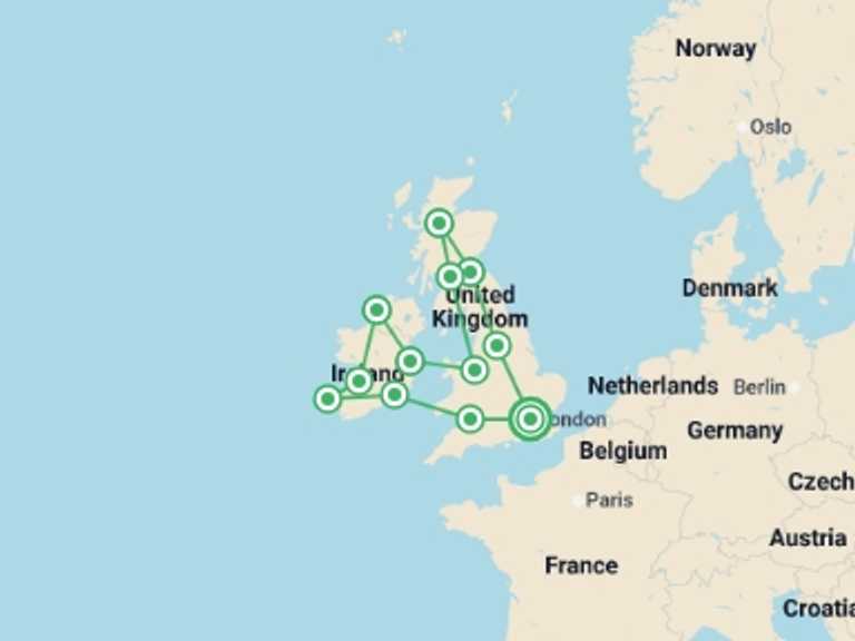 Map of London Natural landmarks sightseeing Tour with 12 destination visits for the trip: Britain and Ireland Explorer