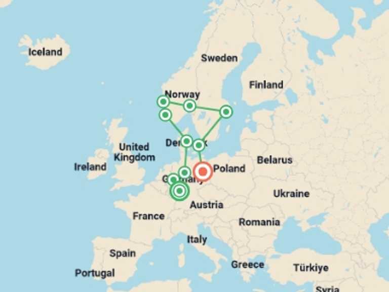 Map itinerary of Europe Tour in July 2026 with 10 destination visits for the trip: Beautiful Views End Berlin