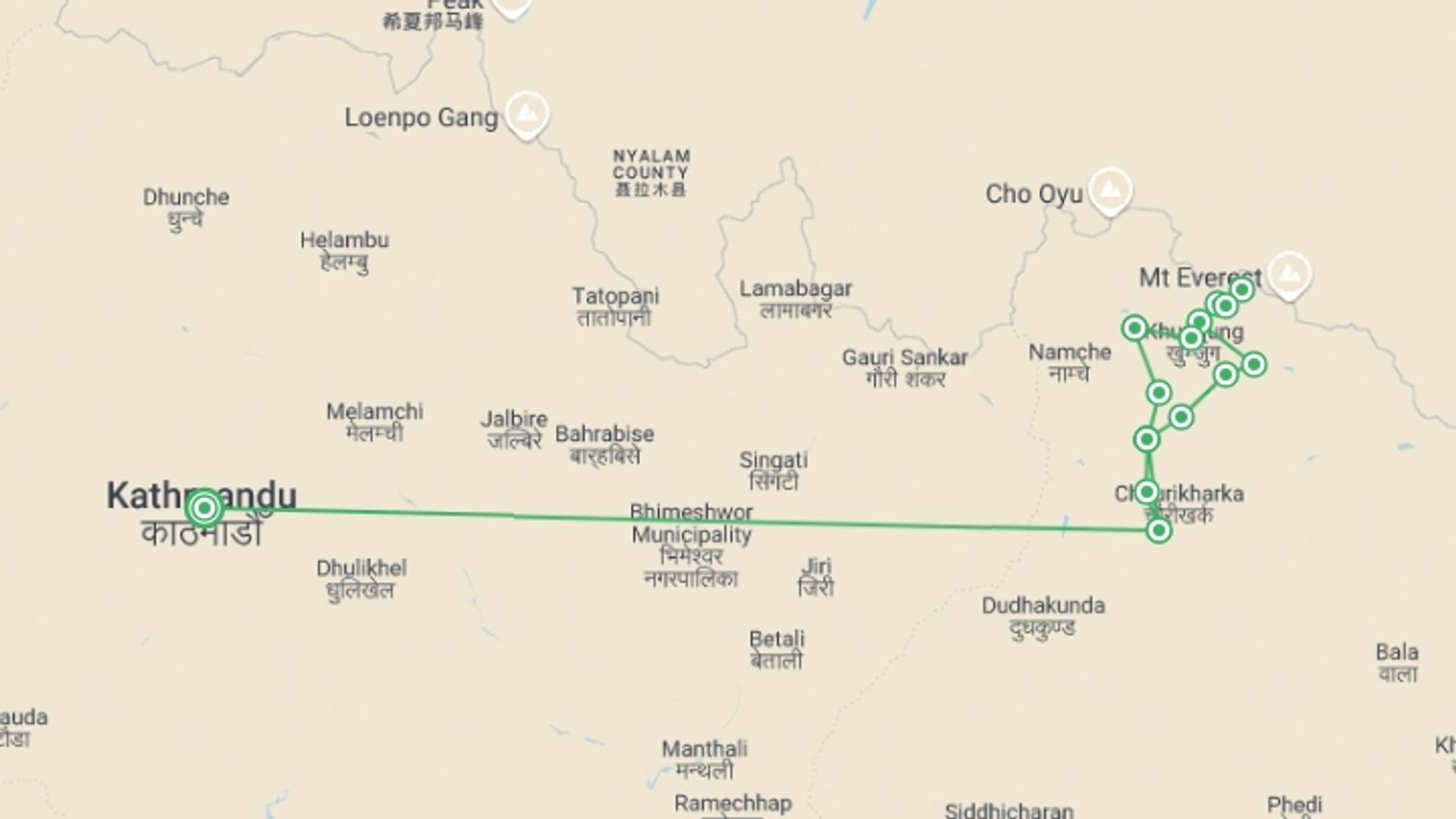 A map showing the tour itinerary for the trip: Everest Base Camp  and Gokyo Lake Trek  15 Days , starting in Kathmandu, Nepal and ending in Kathmandu, Nepal going through 13 other destinations.