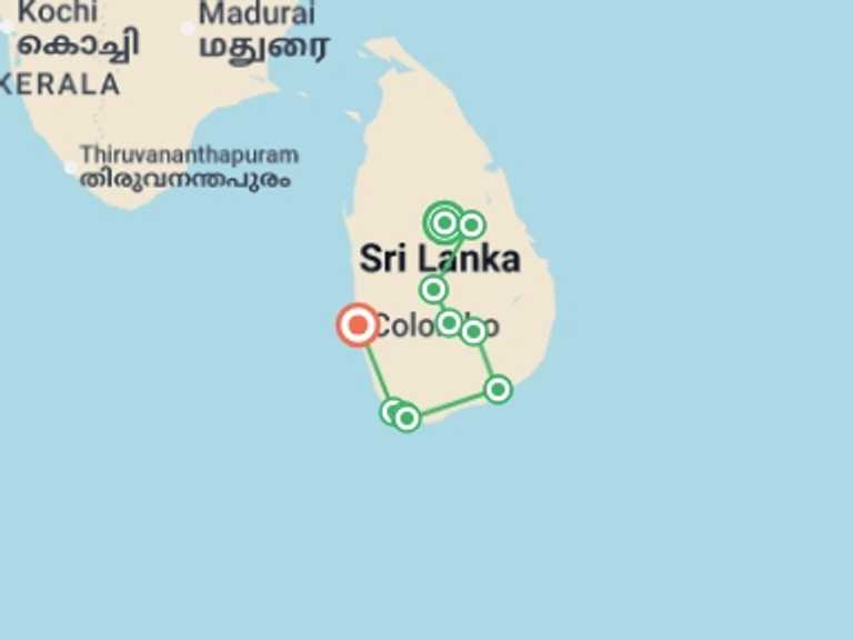 Map itinerary of Asia Tour in April 2027 with 9 destination visits for the trip: Cycle the Back Roads of Sri Lanka