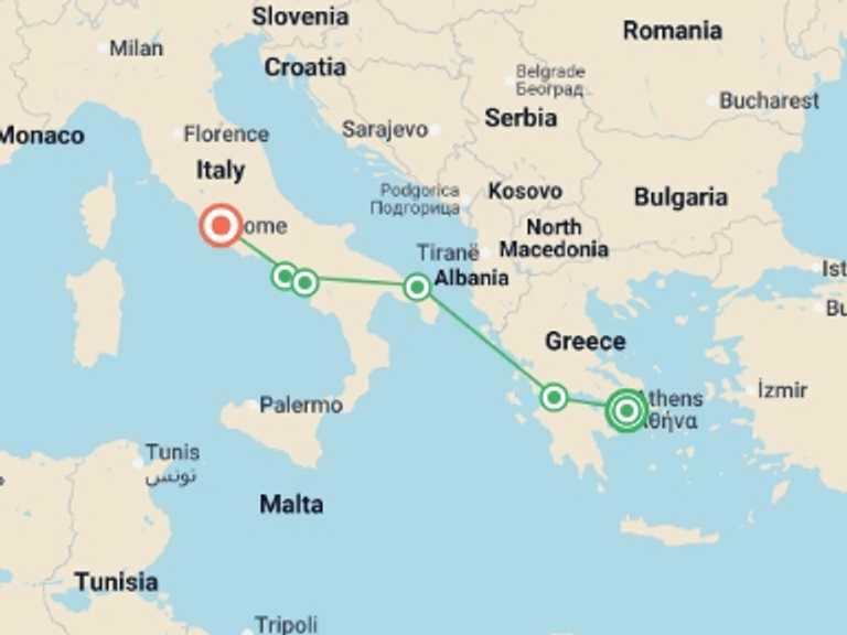 Map itinerary of Europe Tour in Winter with 6 destination visits for the trip: Athens, Peninsula, Heart of Italy with Sorrento